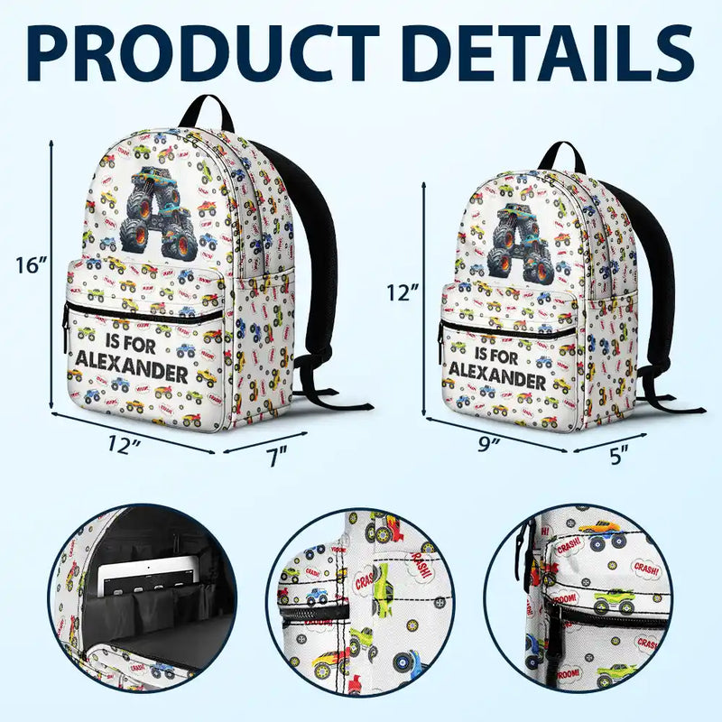 Gift For Kids,Gift For Grandkids,Back To School,Happy - Kid Monster Truck Toy Container Monogram Initial - Personalized Canvas Backpack