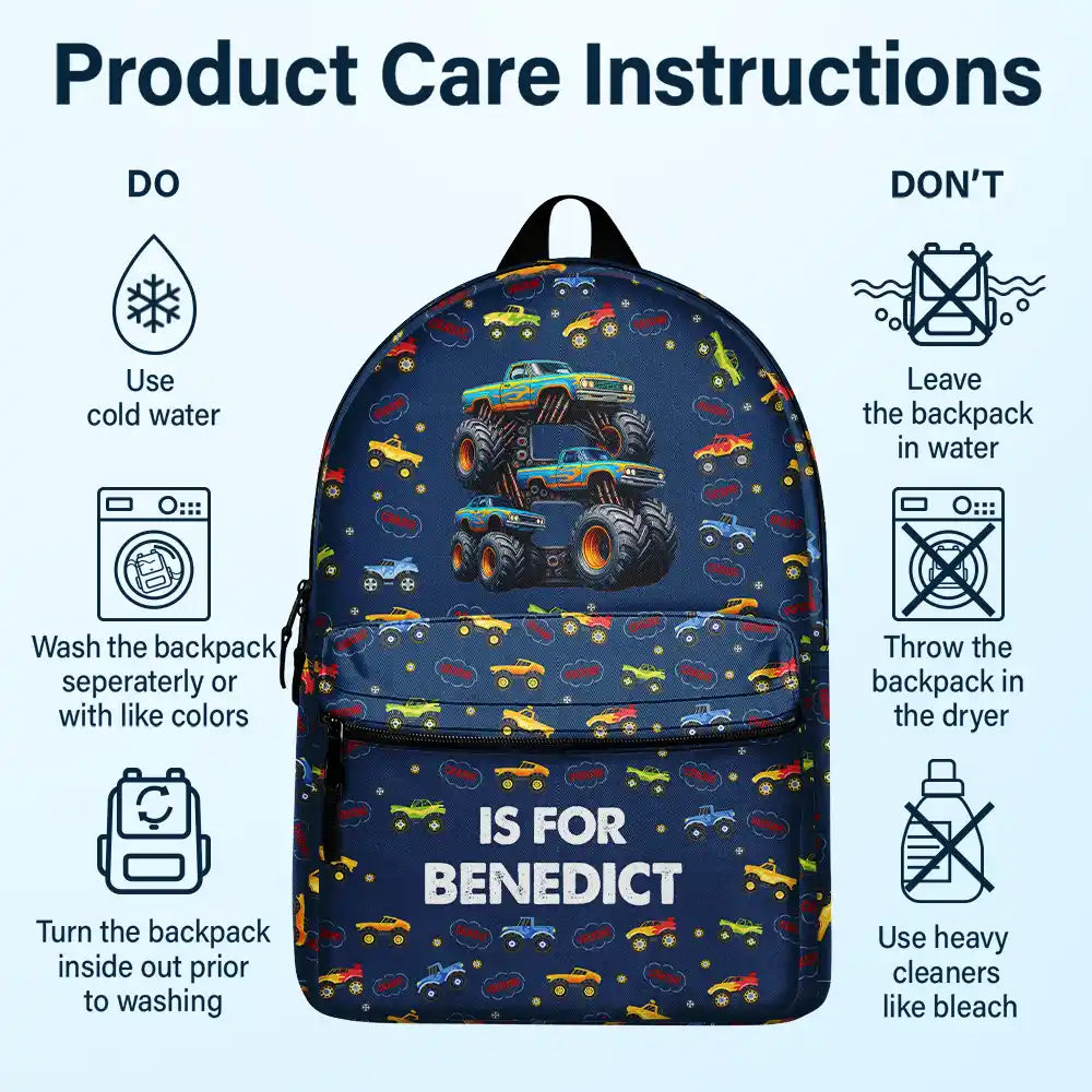 Gift For Kids,Gift For Grandkids,Back To School,Happy - Kid Monster Truck Toy Container Monogram Initial - Personalized Canvas Backpack