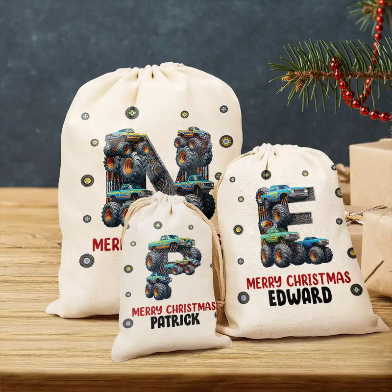 Gift For Kids, Gift For Grandkids, Happy, Christmas - Kid Monster Truck Toy Container Monogram Initial - Personalized Favor Bag