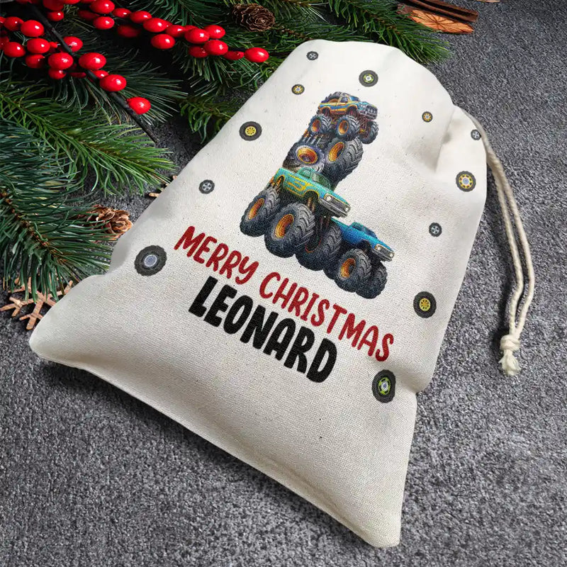 Gift For Kids, Gift For Grandkids, Happy, Christmas - Kid Monster Truck Toy Container Monogram Initial - Personalized Favor Bag