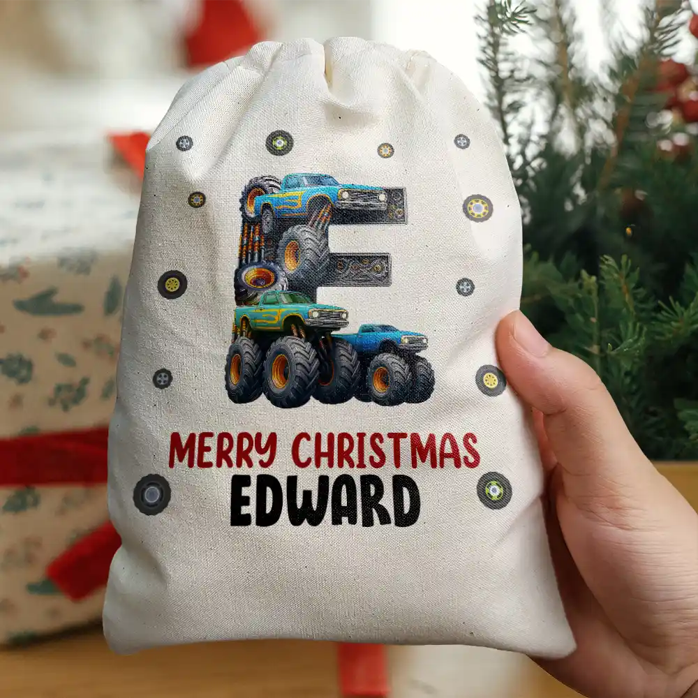 Gift For Kids, Gift For Grandkids, Happy, Christmas - Kid Monster Truck Toy Container Monogram Initial - Personalized Favor Bag