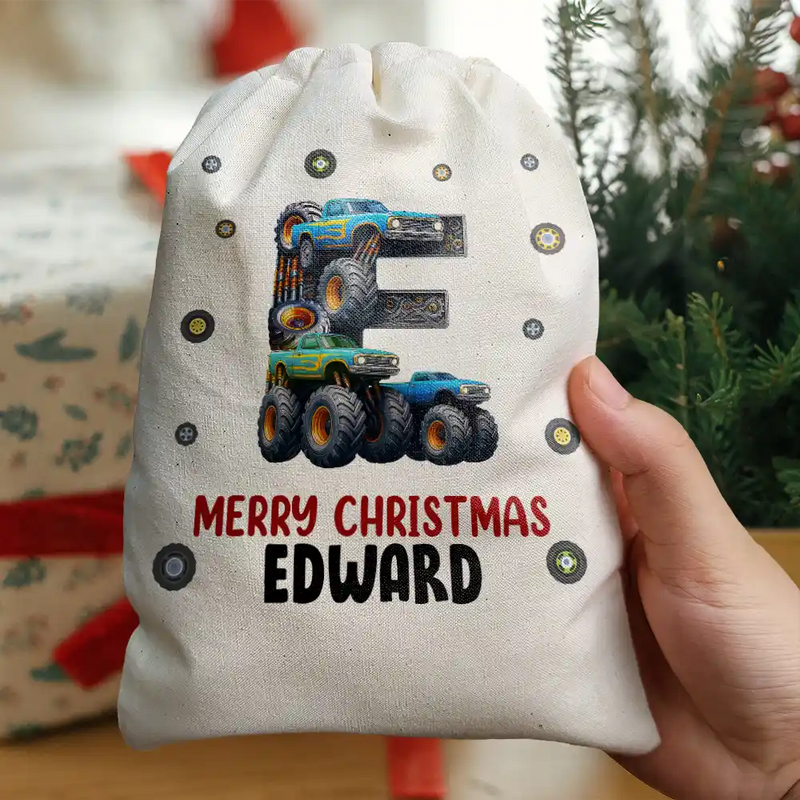Gift For Kids, Gift For Grandkids, Happy, Christmas - Kid Monster Truck Toy Container Monogram Initial - Personalized Favor Bag