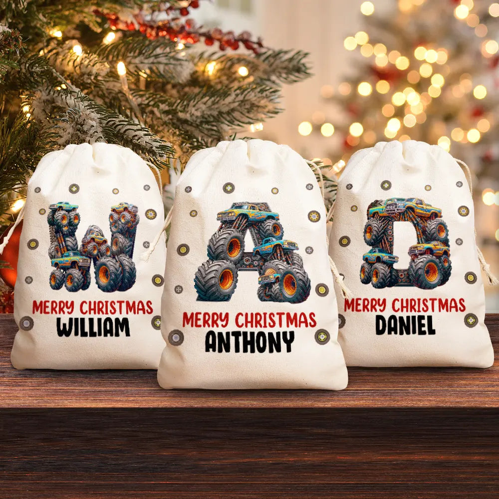 Gift For Kids, Gift For Grandkids, Happy, Christmas - Kid Monster Truck Toy Container Monogram Initial - Personalized Favor Bag