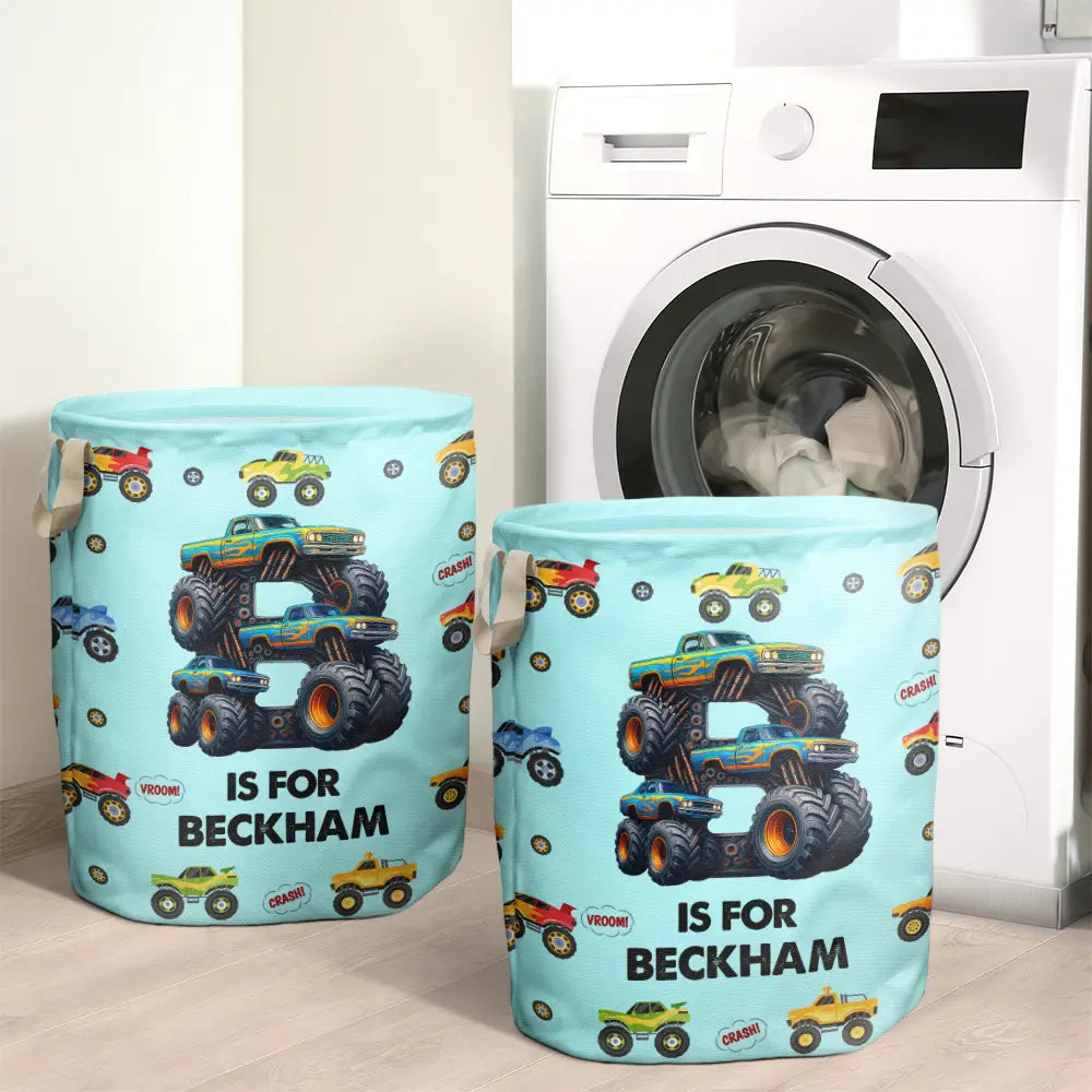Gift For Kids, Funny - Kid Monster Truck Toy Container Monogram Initial - Personalized Laundry Basket, Storage Basket