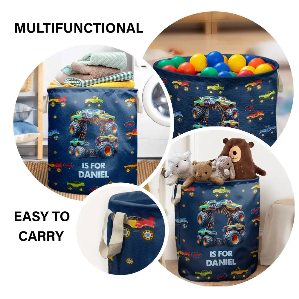 Gift For Kids, Funny - Kid Monster Truck Toy Container Monogram Initial - Personalized Laundry Basket, Storage Basket
