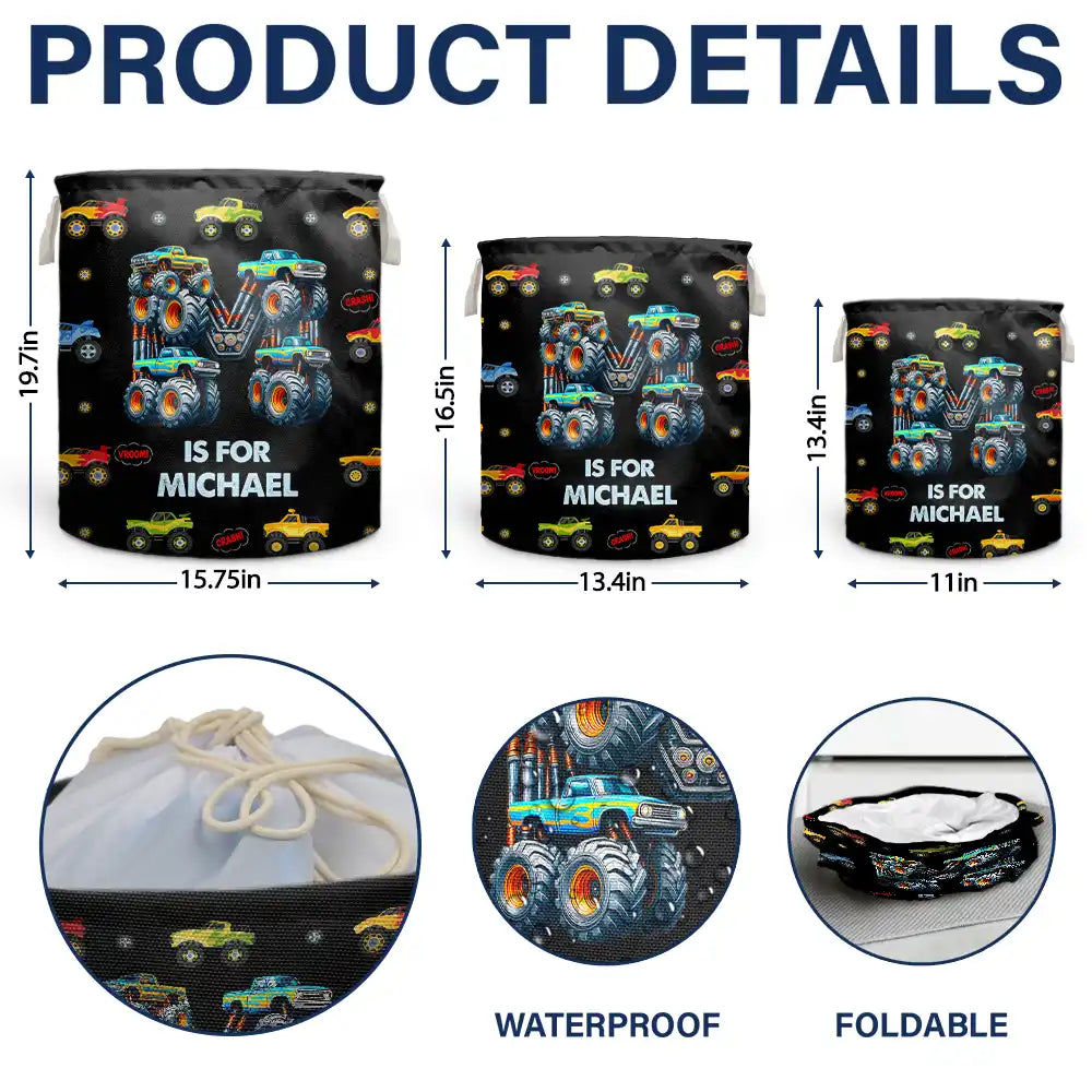 Gift For Kids, Funny - Kid Monster Truck Toy Container Monogram Initial - Personalized Laundry Basket, Storage Basket