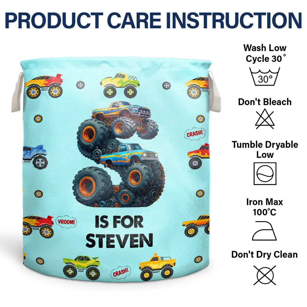 Gift For Kids, Funny - Kid Monster Truck Toy Container Monogram Initial - Personalized Laundry Basket, Storage Basket