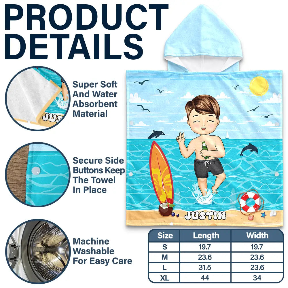 Gift For Kids, Beach, Summer, Adorable, Vector - Kid On Beach And Pool Summer Trip 3D Cartoon - Personalized Kids Hooded Poncho Towel