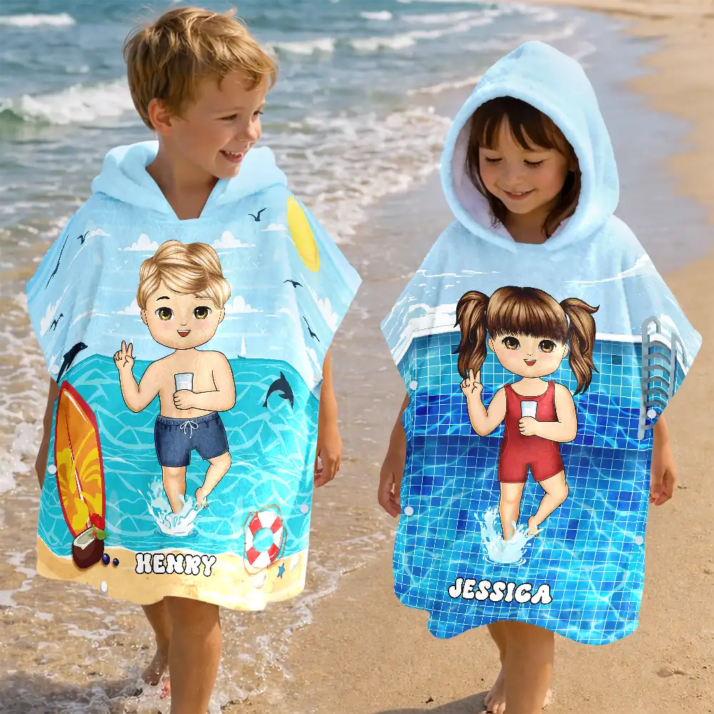 Gift For Kids, Beach, Summer, Adorable, Vector - Kid On Beach And Pool Summer Trip 3D Cartoon - Personalized Kids Hooded Poncho Towel