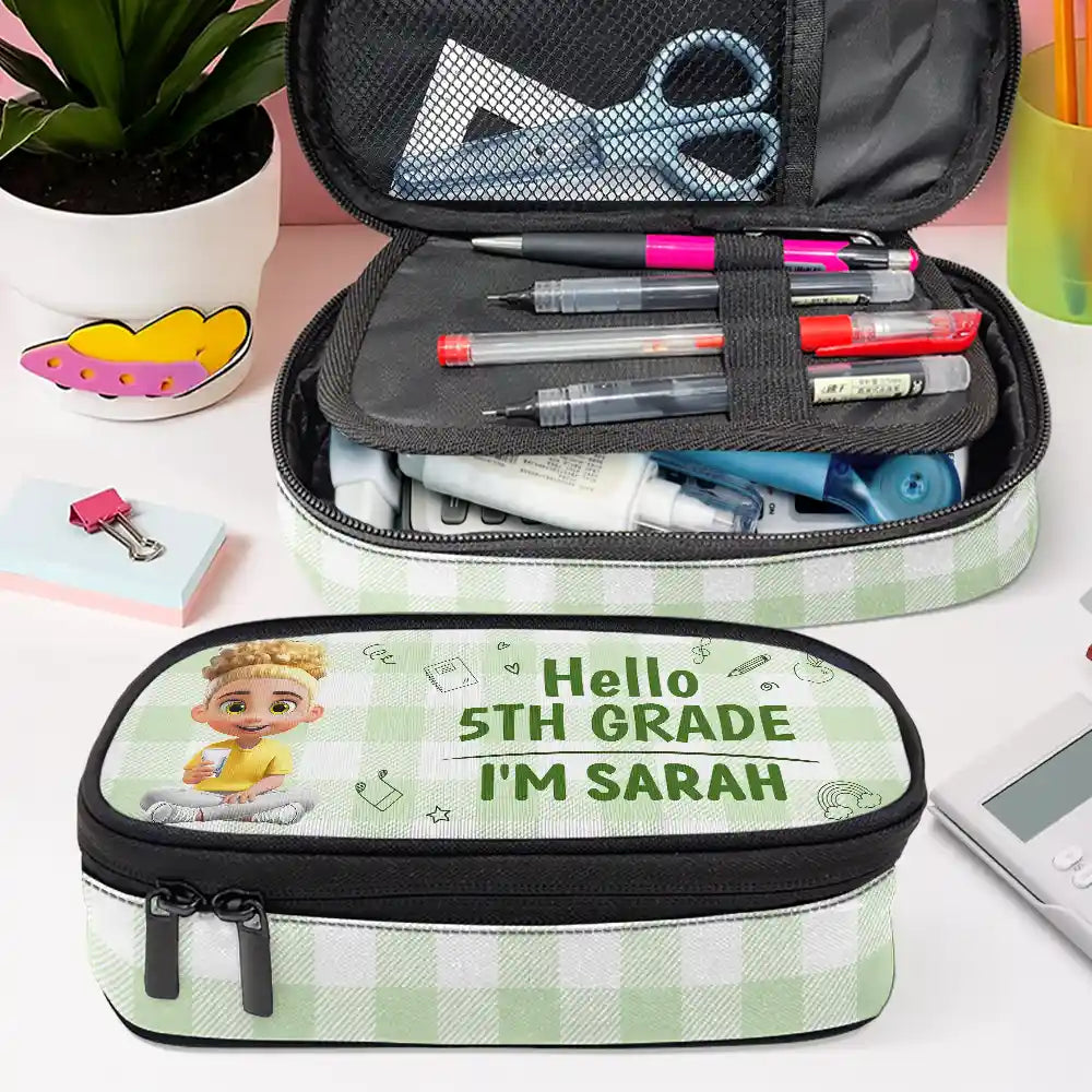 Gift For Kids, Back To School - Kid Siting Hello Kindergarten Grade - Personalized Pencil Case