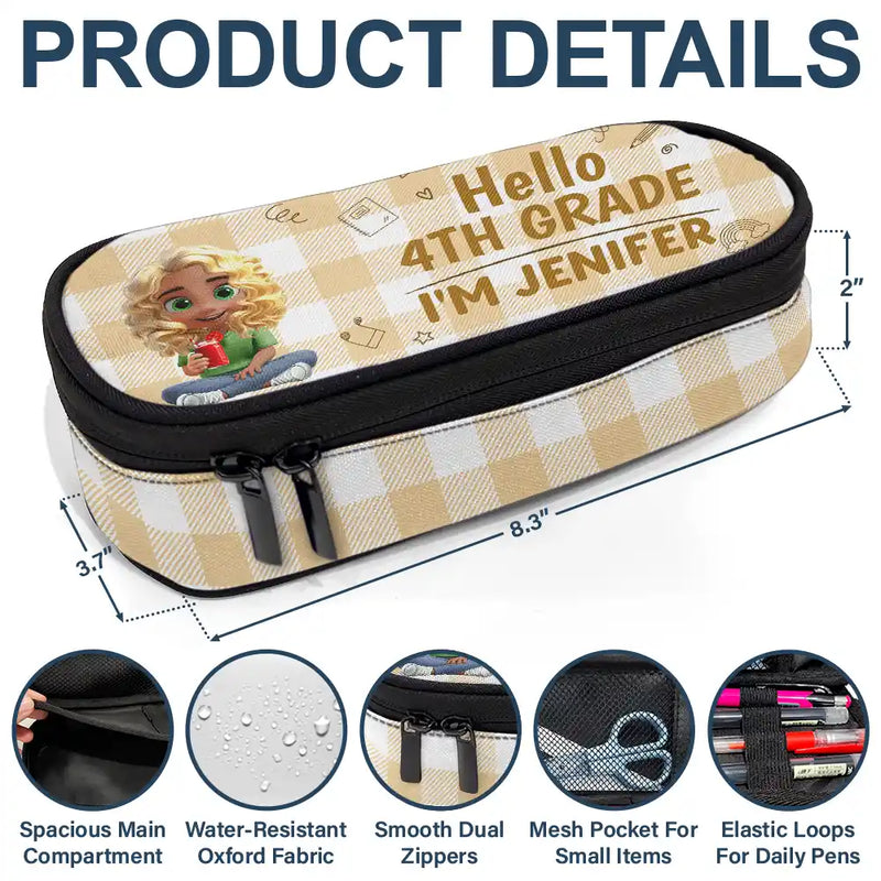 Gift For Kids, Back To School - Kid Siting Hello Kindergarten Grade - Personalized Pencil Case