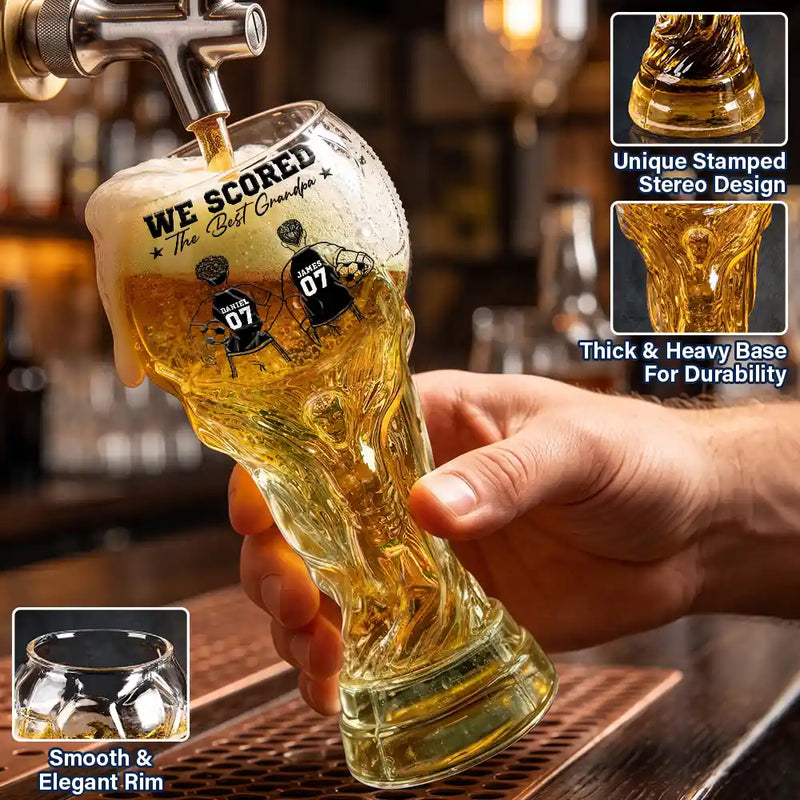 Gift For Father, Football (Soccer), Playful, Vector - Kids Backside Line Art We Scored The Best Dad - Personalized Beer Glass