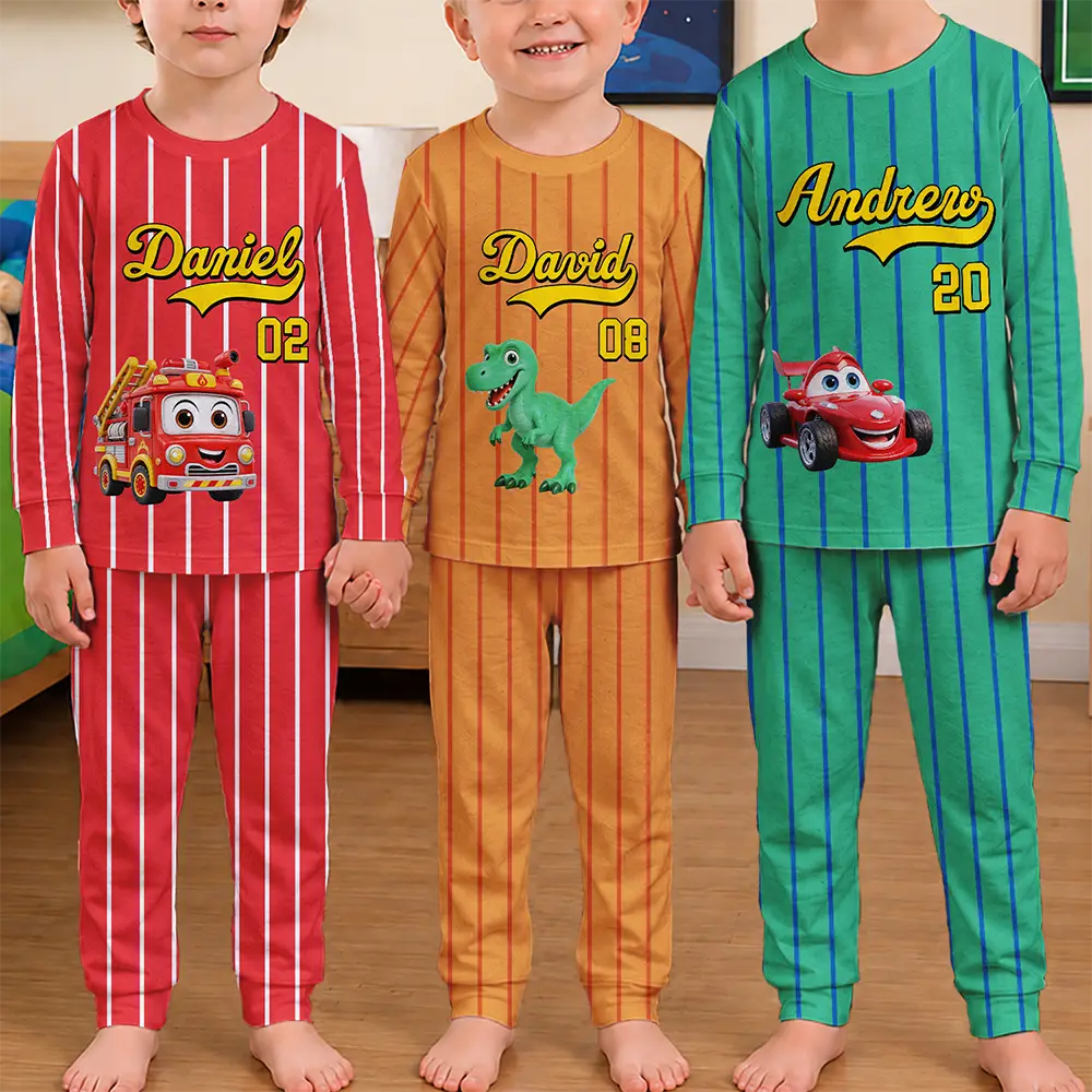Baseball,Playful,Gift For Kids,Icon - Kids Car Vehicle Name & Number - Personalized Kid Pajamas Set