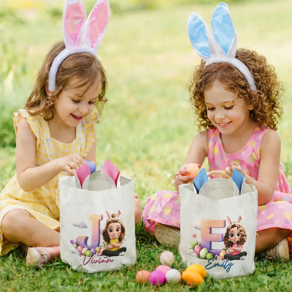 Grandpa - Grandkids,Gift For Kids,Grandma - Grandkids,Gift For Grandkids,Dad - Children,Mom - Children,Parents,Easter - Kids Sitting With Easter Alphabet Letters - Personalized Bunny Ears Bucket Bag