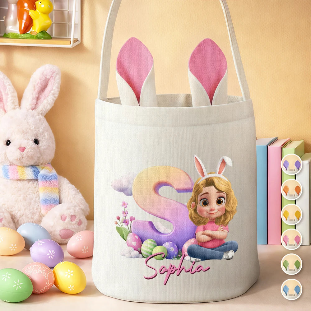 Kids Sitting With Easter Alphabet Letters - Personalized Bunny Ears Bucket Bag