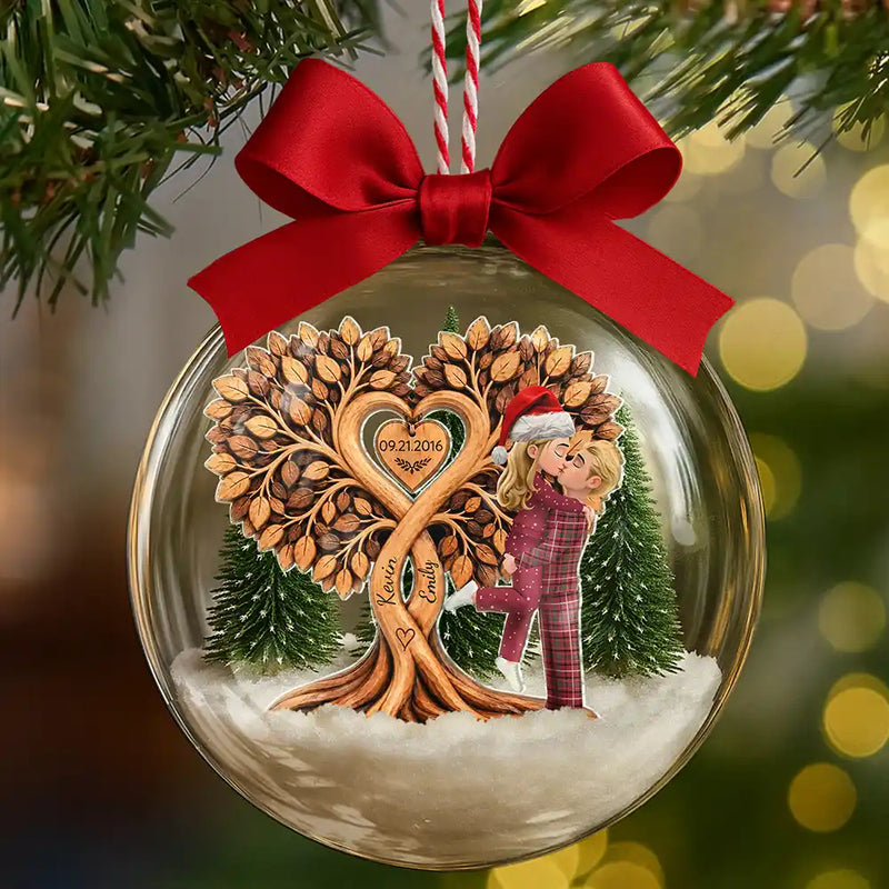 Anniversary,Christmas,Romantic,Gift For Couples,Vector - Kissing Couple Under Heart Tree - Personalized 3D Acrylic Ball Ornament