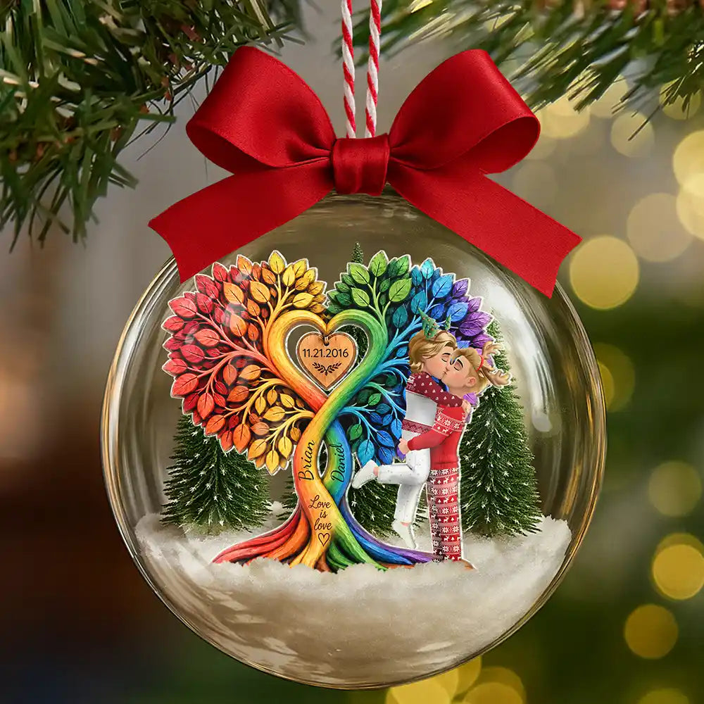 Anniversary,Christmas,Romantic,Gift For Couples,Vector - Kissing Couple Under Heart Tree - Personalized 3D Acrylic Ball Ornament
