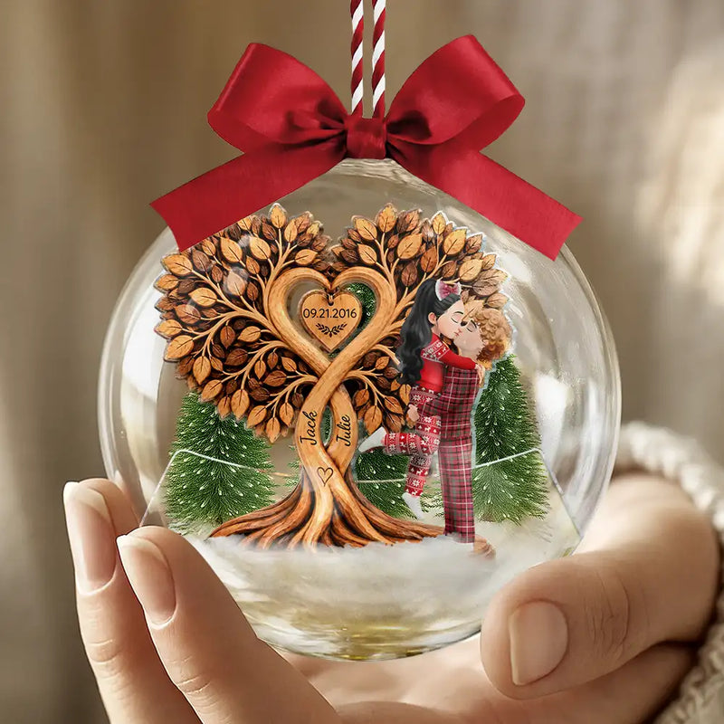 Anniversary,Christmas,Romantic,Gift For Couples,Vector - Kissing Couple Under Heart Tree - Personalized 3D Acrylic Ball Ornament