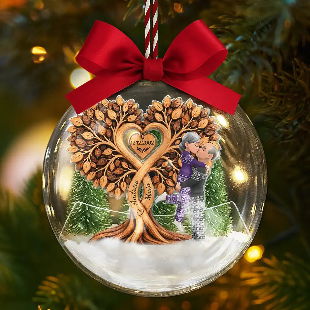 Anniversary,Christmas,Romantic,Gift For Couples,Vector - Kissing Couple Under Heart Tree - Personalized 3D Acrylic Ball Ornament