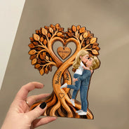 Anniversary, Gift For Couples, Romantic, Vector - Kissing Couple Under Heart Tree - Personalized Custom Shaped Wooden Plaque
