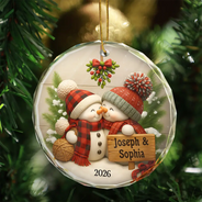 Old Couples,Gift For Husband,Gift For Wife,Gift For Boyfriend,Gift For Girlfriend,Christmas,Love - Kissing Snowman Couple Christmas - Personalized Circle Glass Ornament