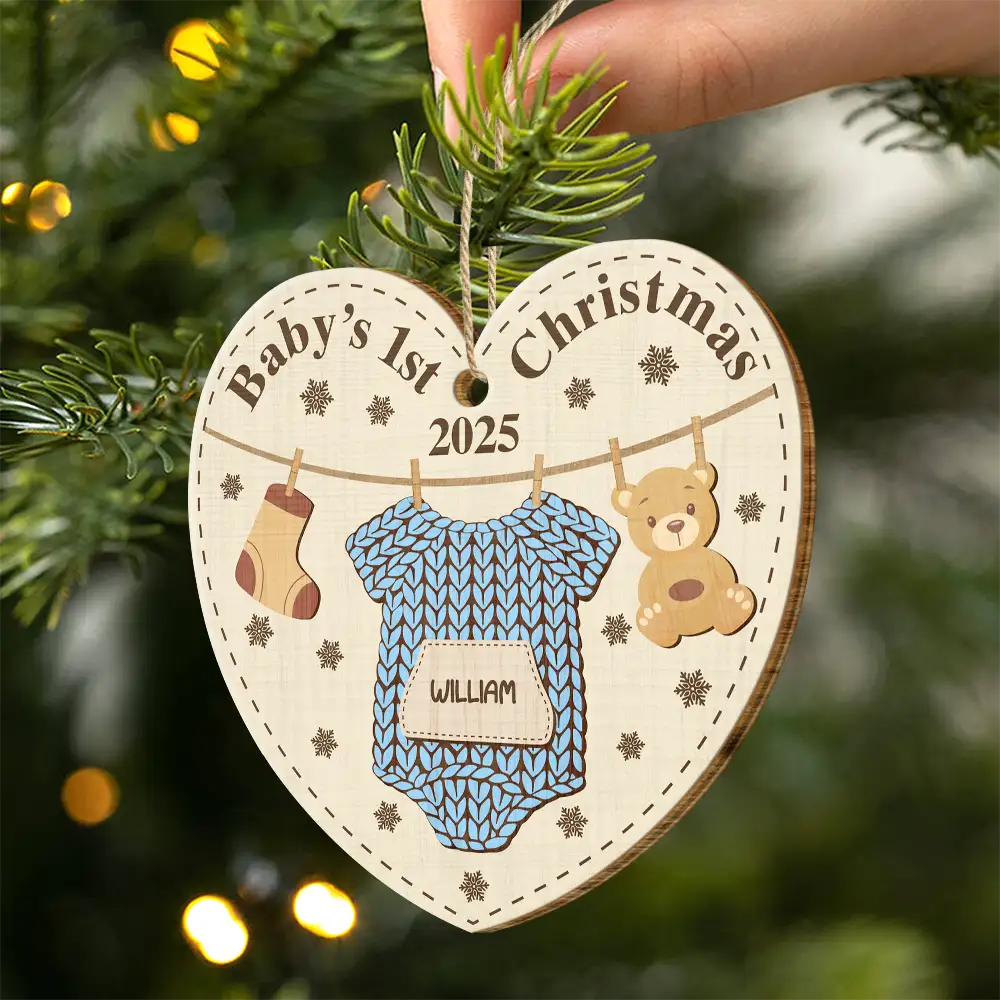 Christmas,Happy,New baby - Knitted Onesie Baby's First Christmas - Personalized Custom Shaped Wooden Ornament