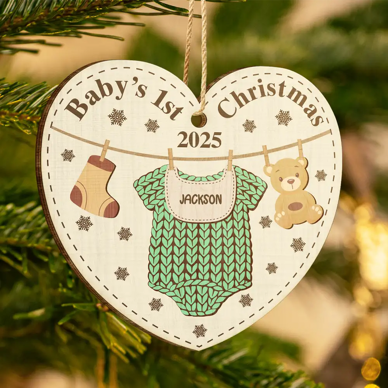 Christmas,Happy,New baby - Knitted Onesie Baby's First Christmas - Personalized Custom Shaped Wooden Ornament