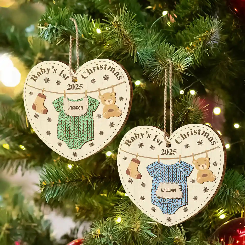 Christmas,Happy,New baby - Knitted Onesie Baby's First Christmas - Personalized Custom Shaped Wooden Ornament