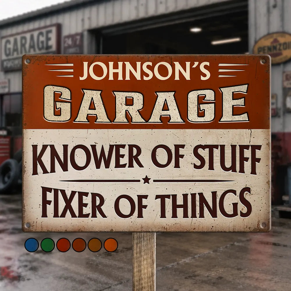 Top Market,Gift For Men,Proud,Gift For Yourself,Custom Text, Garage - Garage Workshop Man Cave Knower Of Stuff Fixer Of Things - Personalized Classic Metal Signs
