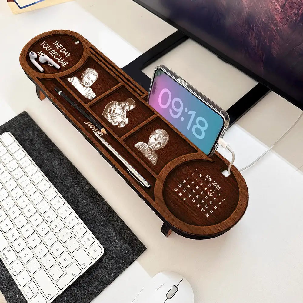 Gift For Men,Gift For Father,Gift For Mother,New Mom,New Dad,Gift For Women,Non-Eng,Photo - Pencil Sketch,Adorable - Custom Photo The Day You Became My Mom Dad Pencil Sketch - Personalized Desk Organizer