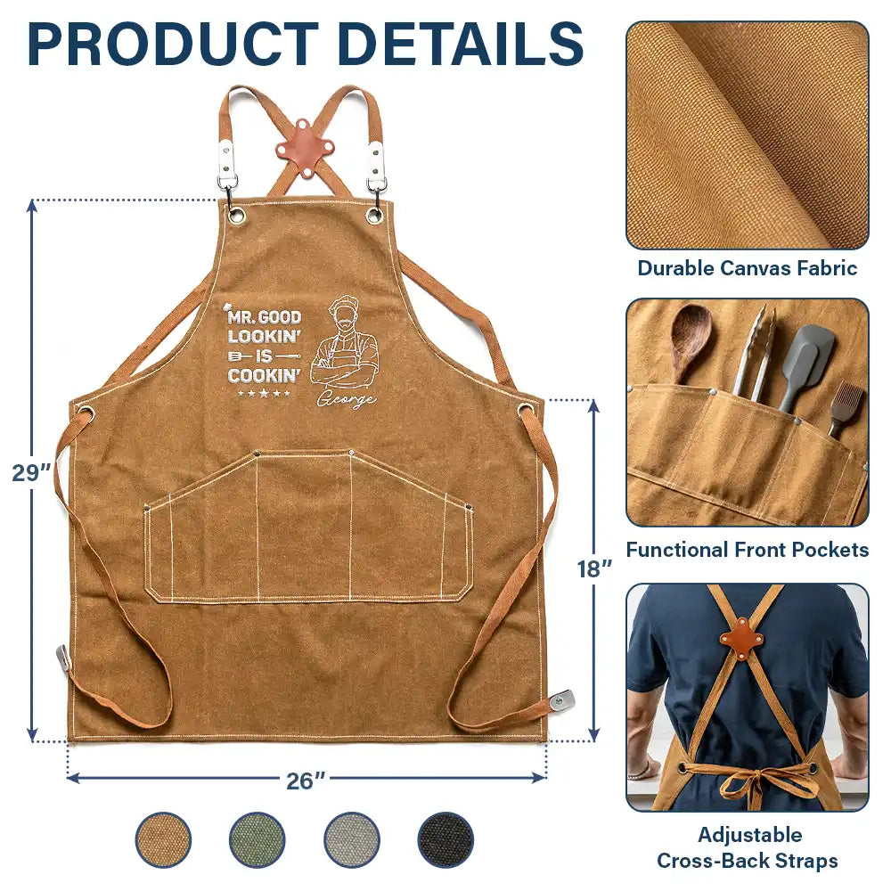 Gift For Husband,Gift For Father,Gift For Grandpa,Grilling,Non-Eng,Photo - Faceless Outline Sketch,Humorous - Custom Photo Faceless Outline Sketch Mr. Good Lookin' Is Cookin' - Personalized Embroidered Apron
