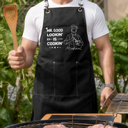 Gift For Husband,Gift For Father,Gift For Grandpa,Grilling,Non-Eng,Photo - Faceless Outline Sketch,Humorous - Custom Photo Faceless Outline Sketch Mr. Good Lookin' Is Cookin' - Personalized Embroidered Apron