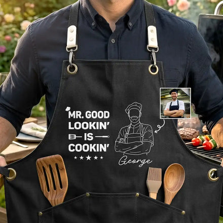 Custom Photo Faceless Outline Sketch Mr. Good Lookin' Is Cookin' - Personalized Embroidered Apron