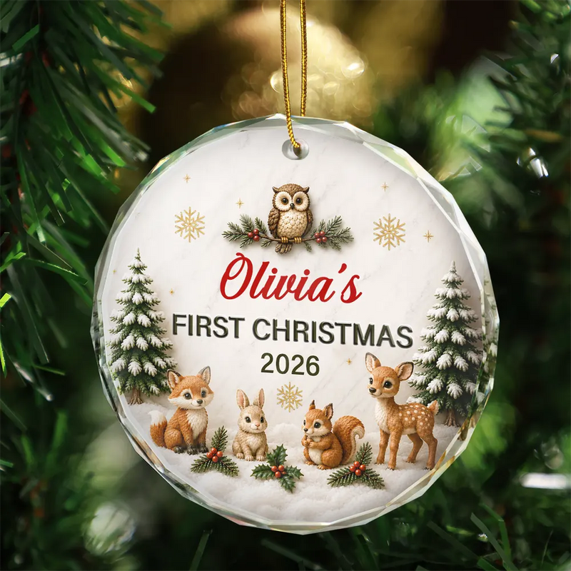 Top Market,Adorable,Gift For Baby,Christmas,Custom Text - Baby First Christmas Animals 3D Effect - Personalized Glass Ornament