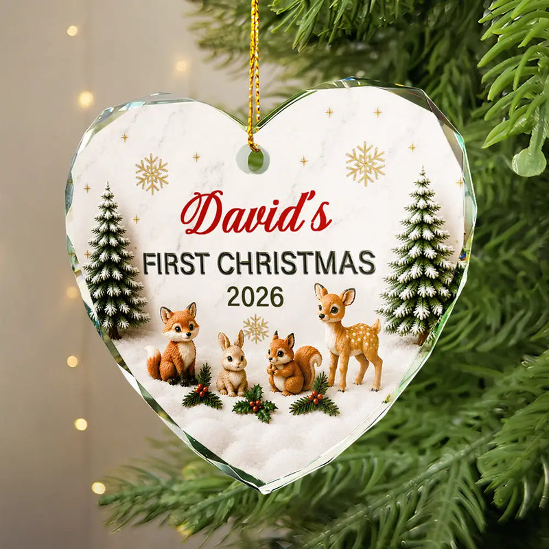 Top Market,Adorable,Gift For Baby,Christmas,Custom Text - Baby First Christmas Animals 3D Effect - Personalized Glass Ornament