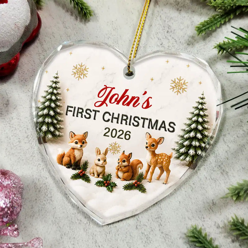 Top Market,Adorable,Gift For Baby,Christmas,Custom Text - Baby First Christmas Animals 3D Effect - Personalized Glass Ornament