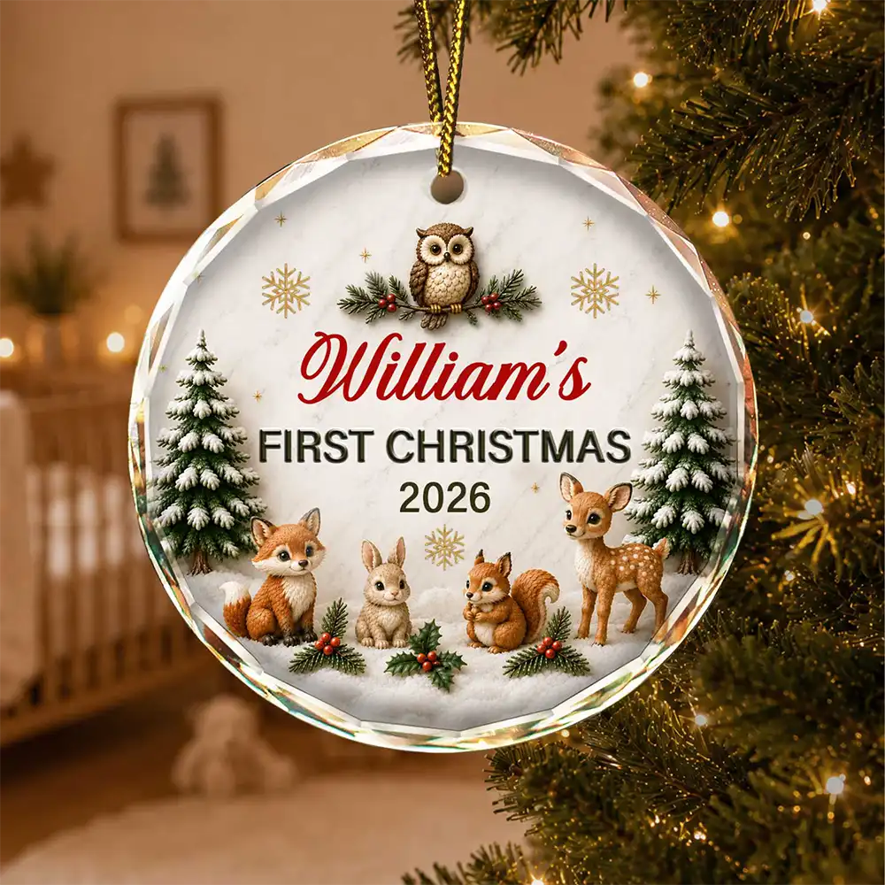 Top Market,Adorable,Gift For Baby,Christmas,Custom Text - Baby First Christmas Animals 3D Effect - Personalized Glass Ornament