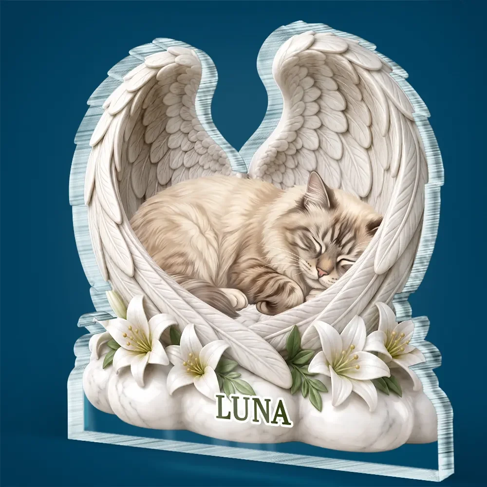 Top Market,Art Design,Sentimental,Pet Lovers,Memorial,Photo - Sleeping Dog Cat Baby - Custom Photo Sleeping Angel Dog Cat Angel Wings Memorial - Personalized Custom Shaped Acrylic Plaque