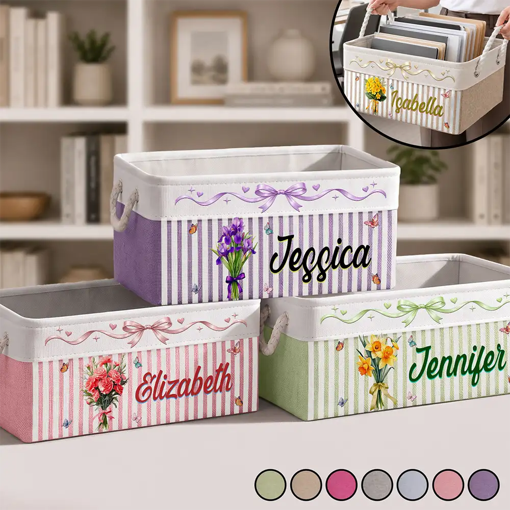 Birthday Gift For Her - Personalized Name Birth Flower Bouquet Storage Basket