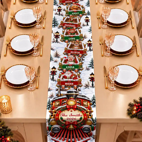 Christmas,Family,Happy,Icon - Christmas Gift For Family Gathering - Personalized Family Name & Year Santa Christmas Train Table Runner