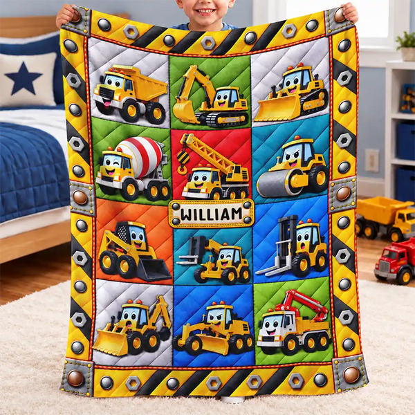 Car, Christmas, Custom Text, Gift For Children, Gift For Son, Gifts For Him, Playful, Top Market, Truck - Gift For Boys And Truck Lovers - Personalized Name Construction Vehicle Faux Patchwork Quilt Fleece Blanket, Sherpa Blanket