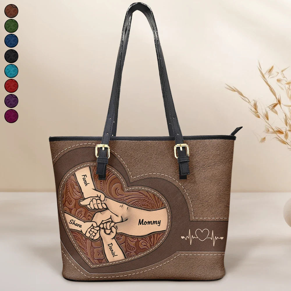 Gift For Grandma,Grandma,Grandkids - Leather Holding Hands Icon Mom Grandma & Kids - Personalized Leather Tote Bag

