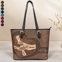 Gift For Grandma,Grandma,Grandkids - Leather Holding Hands Icon Mom Grandma & Kids - Personalized Leather Tote Bag
