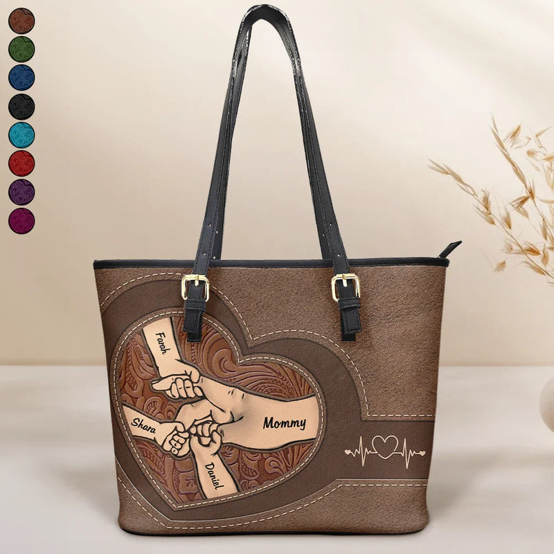 Gift For Grandma,Grandma,Grandkids - Leather Holding Hands Icon Mom Grandma & Kids - Personalized Leather Tote Bag
