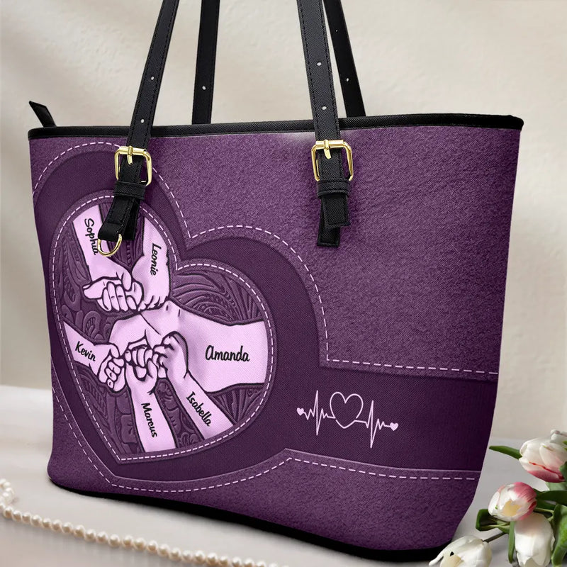 Gift For Grandma,Grandma,Grandkids - Leather Holding Hands Icon Mom Grandma & Kids - Personalized Leather Tote Bag
