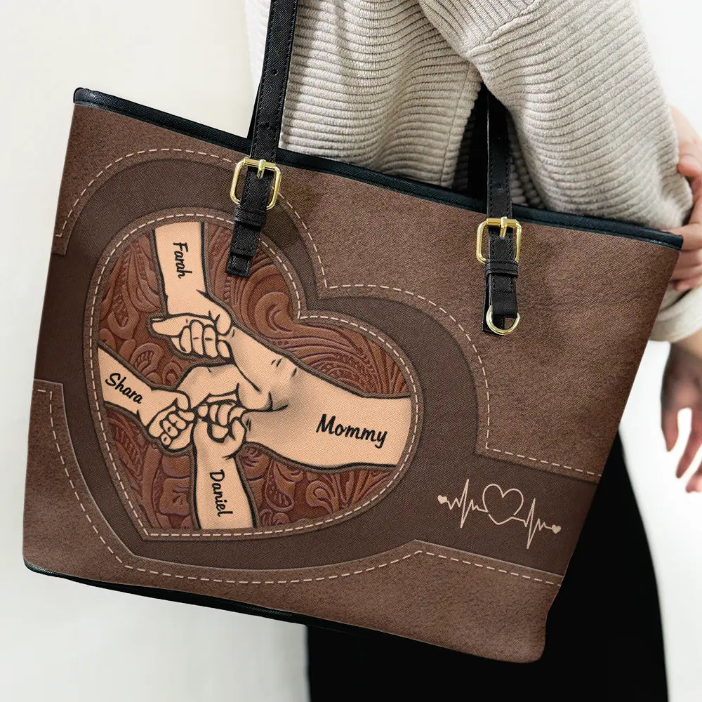 Gift For Grandma,Grandma,Grandkids - Leather Holding Hands Icon Mom Grandma & Kids - Personalized Leather Tote Bag
