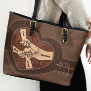 Gift For Grandma,Grandma,Grandkids - Leather Holding Hands Icon Mom Grandma & Kids - Personalized Leather Tote Bag
