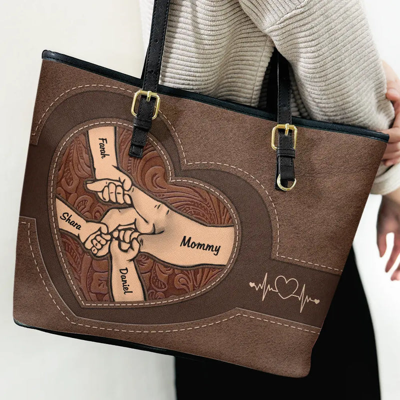 Gift For Grandma,Grandma,Grandkids - Leather Holding Hands Icon Mom Grandma & Kids - Personalized Leather Tote Bag
