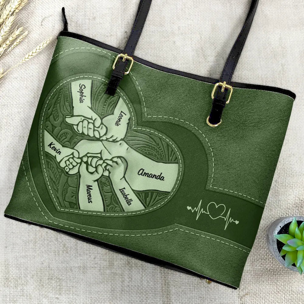 Gift For Grandma,Grandma,Grandkids - Leather Holding Hands Icon Mom Grandma & Kids - Personalized Leather Tote Bag
