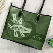 Gift For Grandma,Grandma,Grandkids - Leather Holding Hands Icon Mom Grandma & Kids - Personalized Leather Tote Bag
